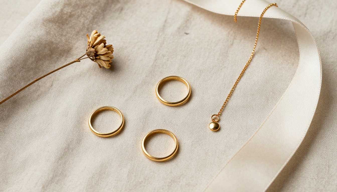 An overhead flat lay of gold rings and a chain necklace on natural linen with a dried flower