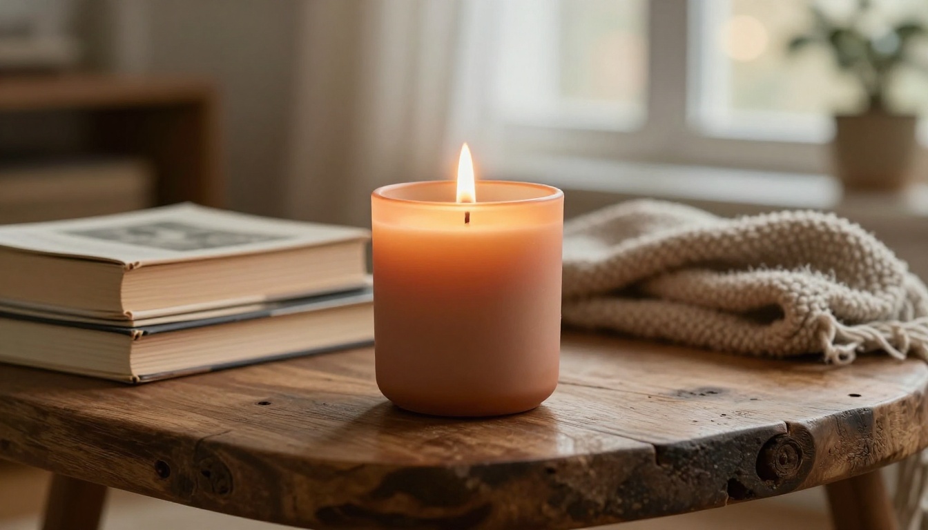 A terracotta soy candle burning on an oak side table beside paperback books and a folded wool blanket