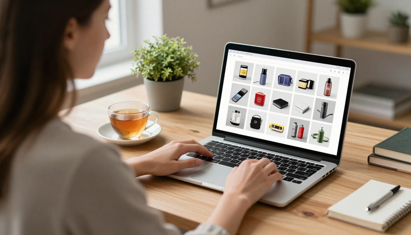 A young woman at a home office desk reviewing a grid of product photos on a laptop