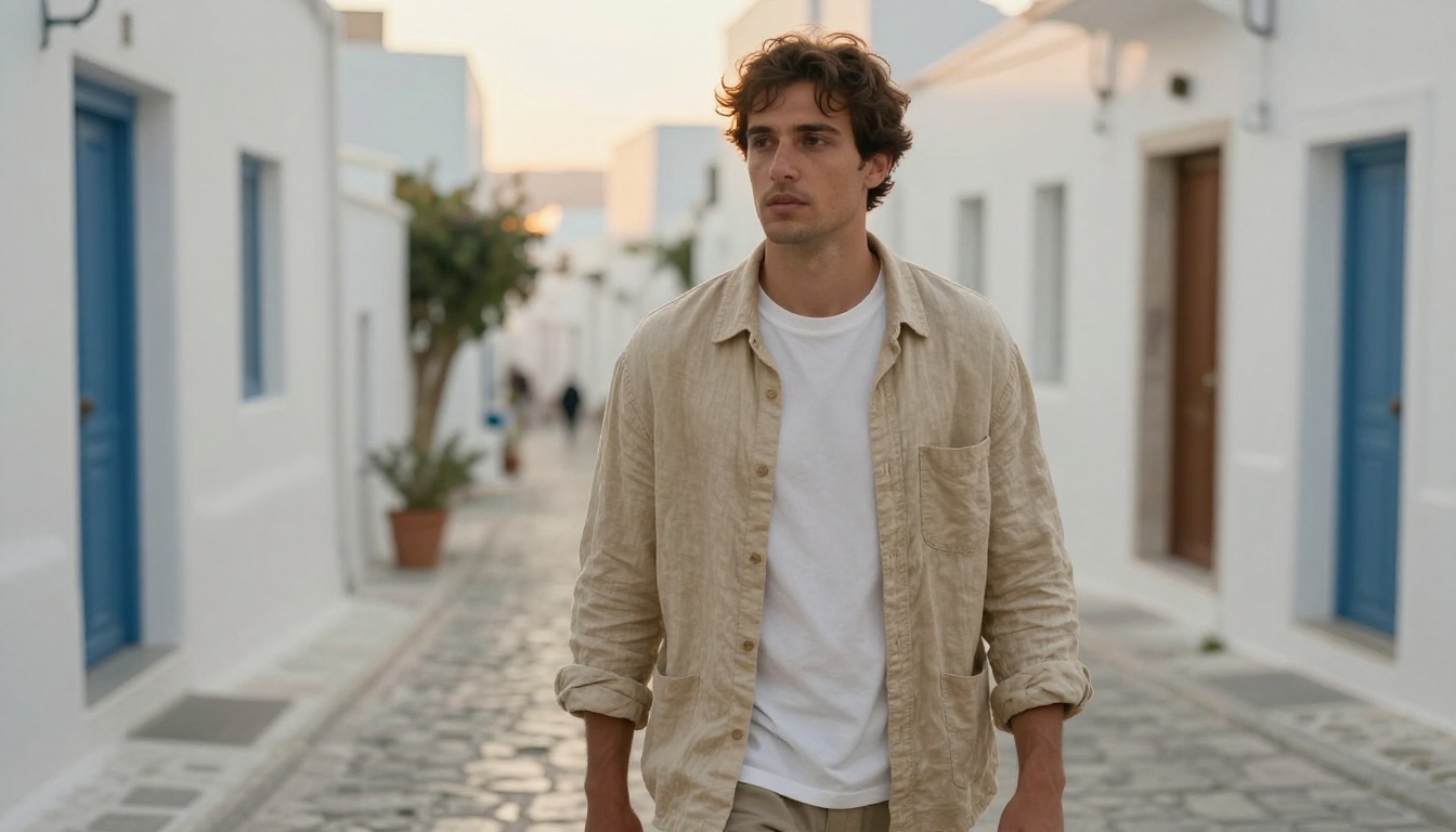 A male model in an oversized sand linen jacket walking down a whitewashed cobblestone street at golden hour