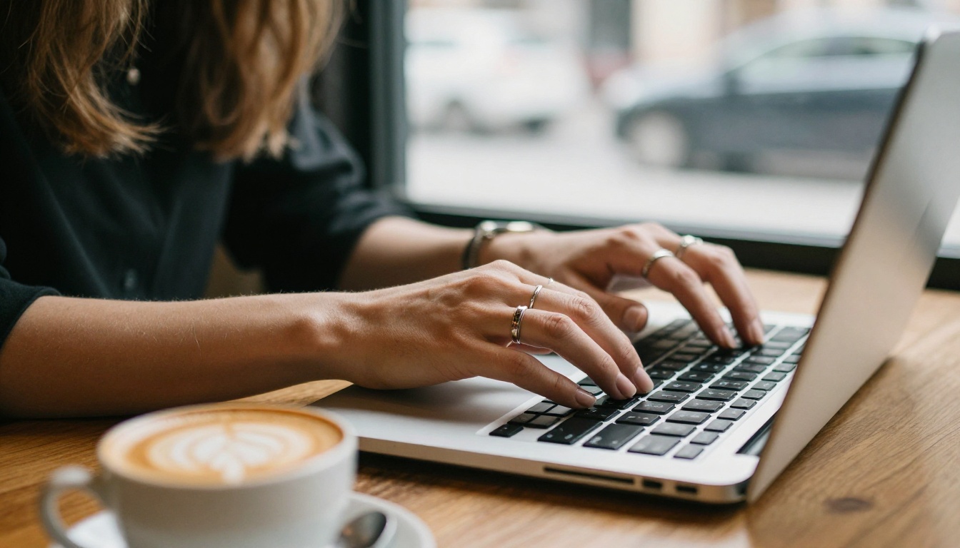 A woman's hands typing on a laptop at a wooden café table with a flat white beside the trackpad