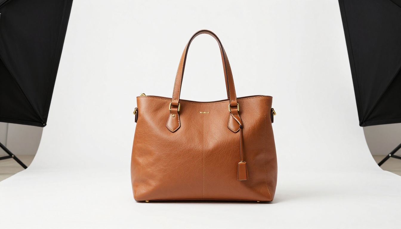 A tan leather tote bag with brass hardware centered on a pure white studio floor with a soft contact shadow