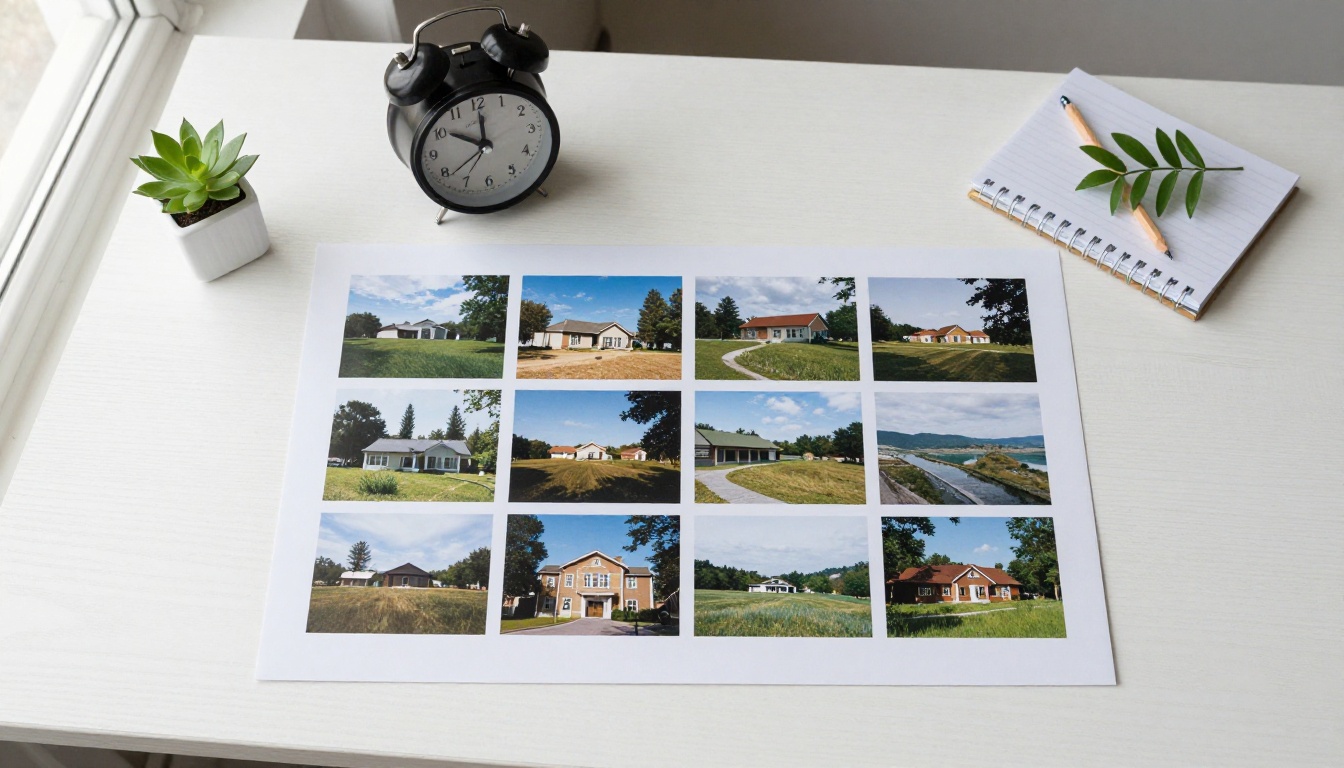 Overhead flat lay of a desk with a printed contact sheet of photographs and an analog alarm clock