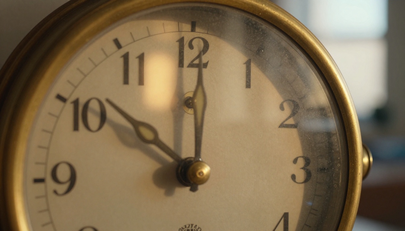 Extreme macro of a brass wall clock face in warm morning light