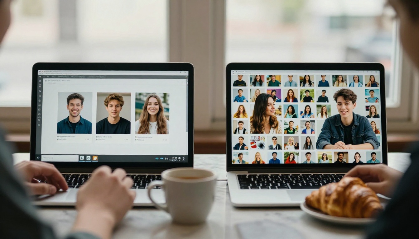 Wide shot of two laptops on a marble café table, one showing a few thumbnails and the other a full grid
