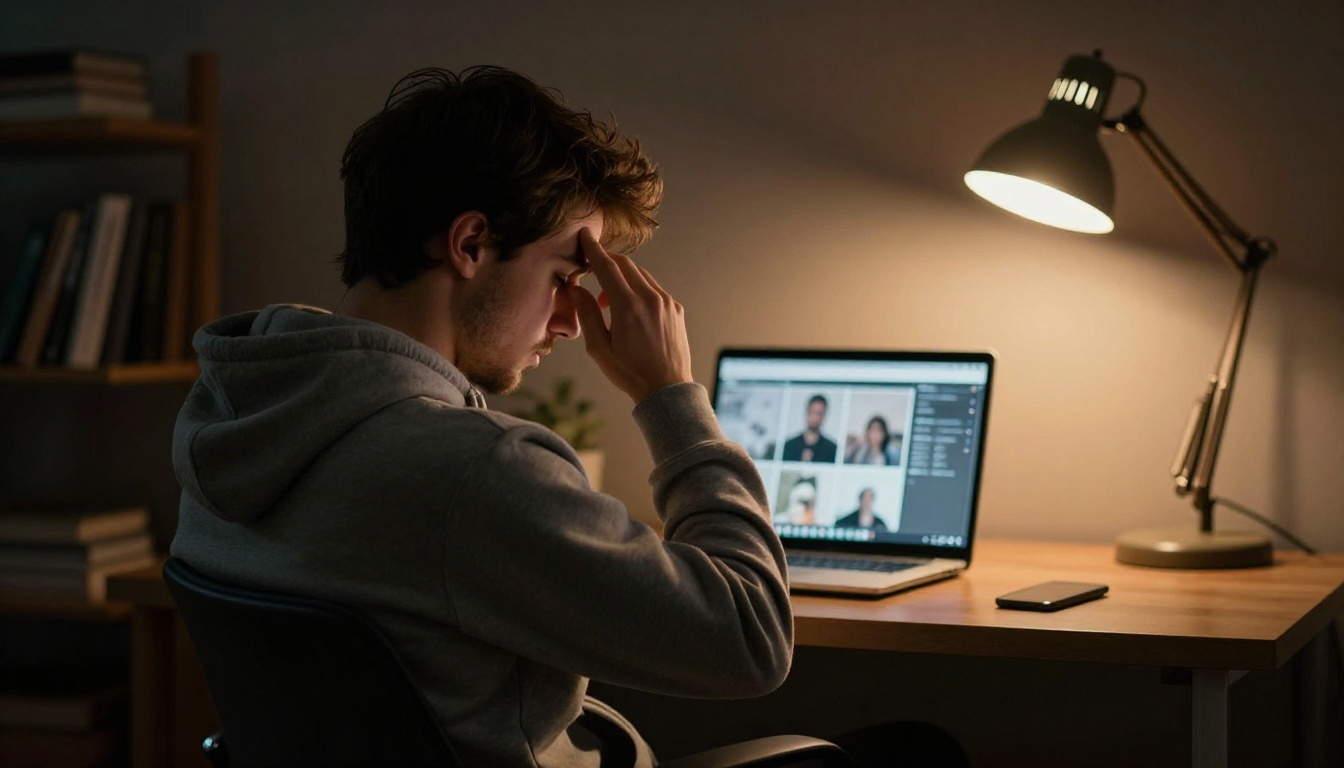 A tired young man rubbing his temples at a desk under a warm evening lamp