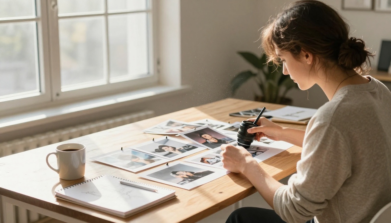 Over-the-shoulder view of a designer reviewing a pinboard of printed photographs in a bright studio