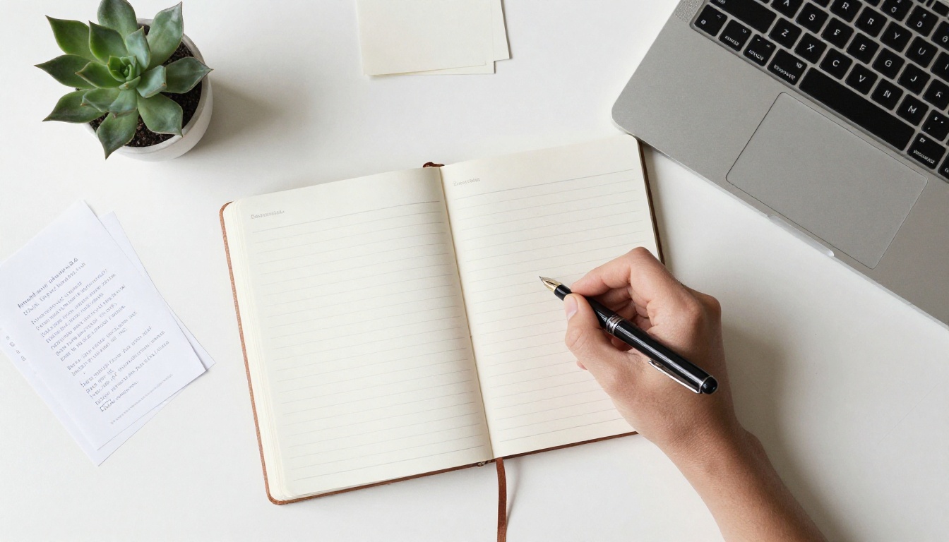 Top-down view of a hand writing a detailed prompt in a spiral notebook beside a laptop