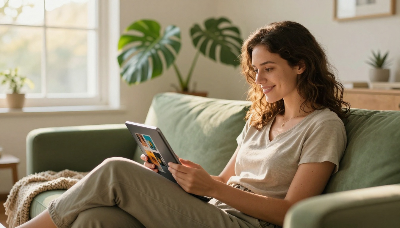 Low-angle view of a woman on a sage green sofa smiling at a tablet showing a gallery of photographs