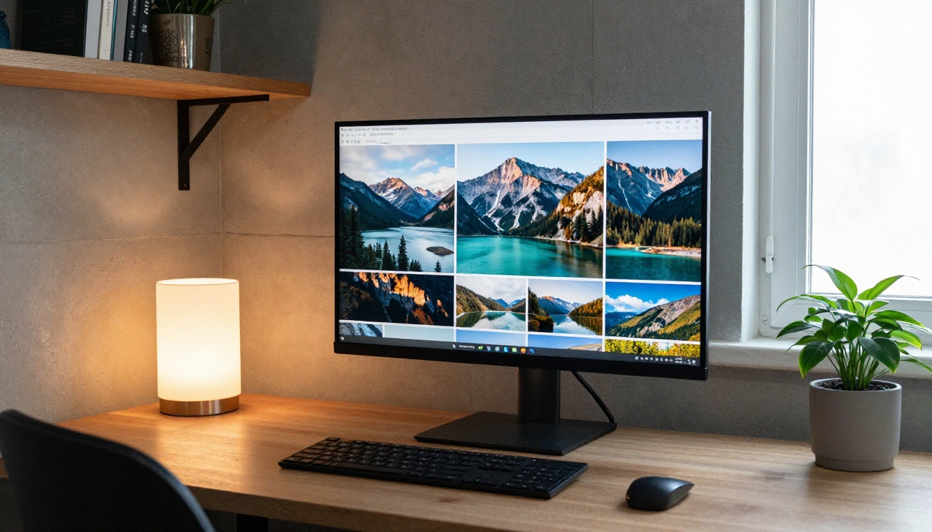 Medium shot of a creator at a standing desk with a monitor showing mountain and lake photographs