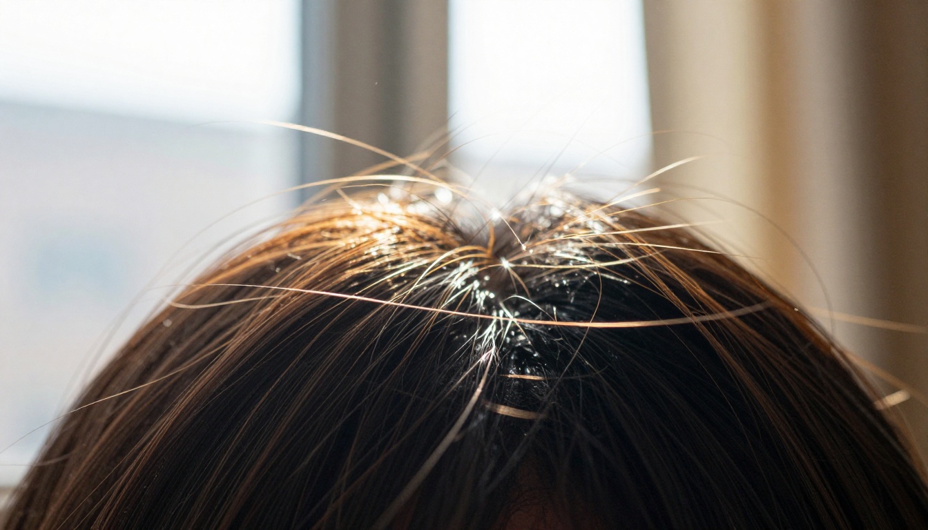 Extreme close-up of fine chestnut hair strands glowing against a bright window