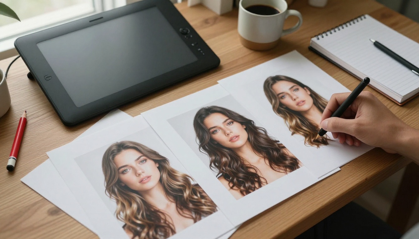 Overhead view of a retoucher's desk with a graphics tablet and portrait proofs