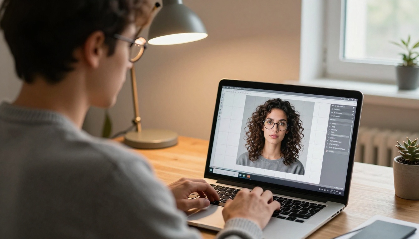 Man with round glasses editing a portrait cutout on a laptop