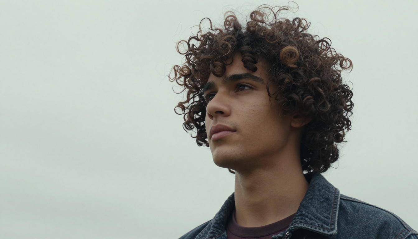 Young man with tight curls photographed from below against a bright overcast sky