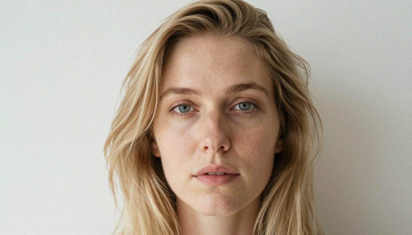 Woman with fine blonde hair in front of a white wall, hair almost matching the background