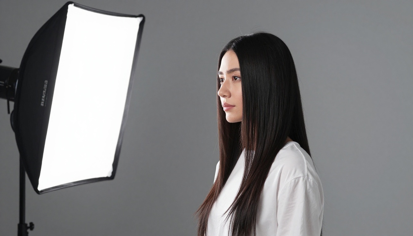 Woman with long black hair in front of a gray seamless paper backdrop