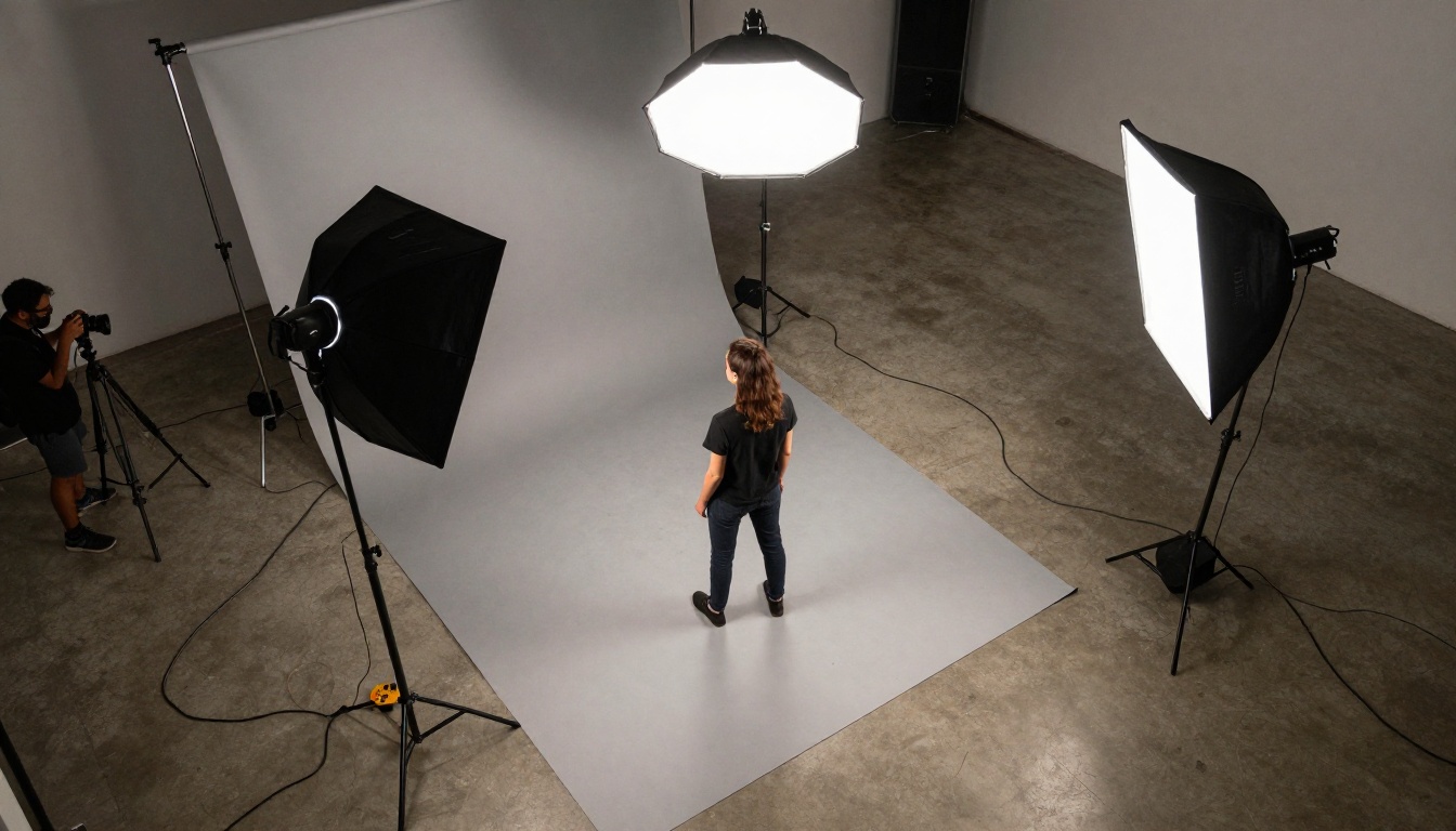 Aerial view of a small photo studio with softboxes around a model on gray paper