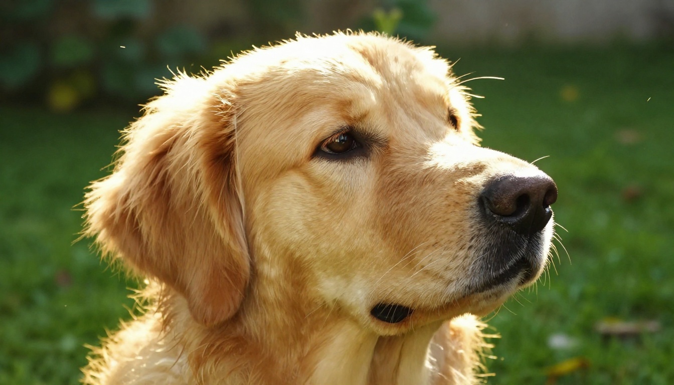 Golden retriever head with backlit fur against blurred green leaves