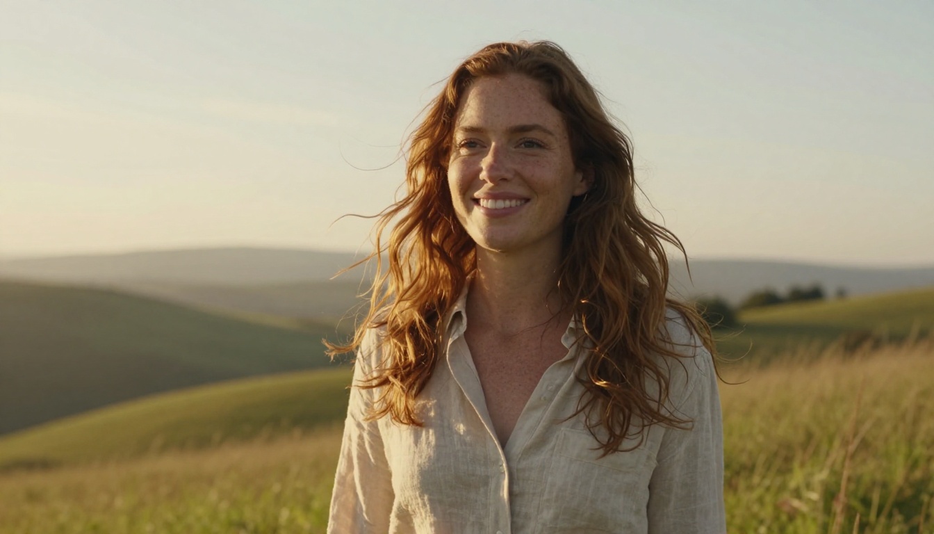 Smiling woman with long wavy auburn hair on a grassy hillside at golden hour
