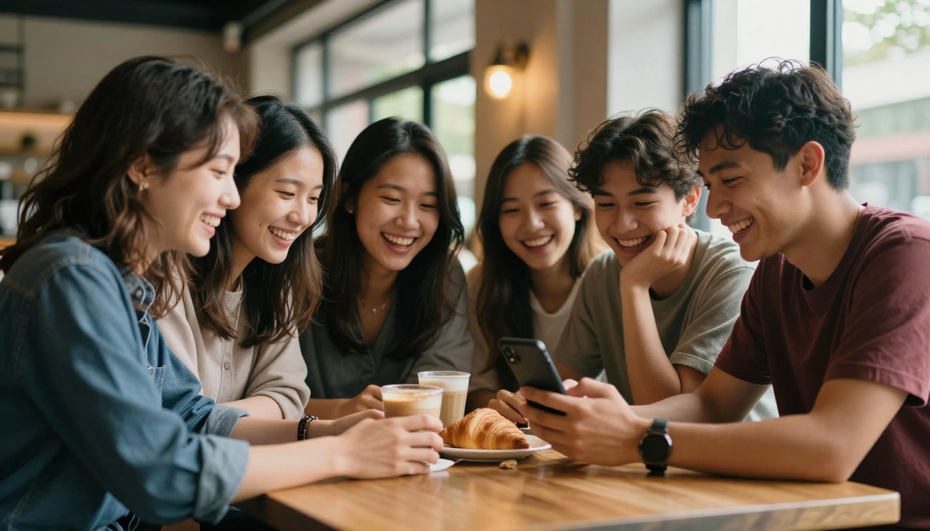 Four friends laughing around a phone in a sunlit cafe
