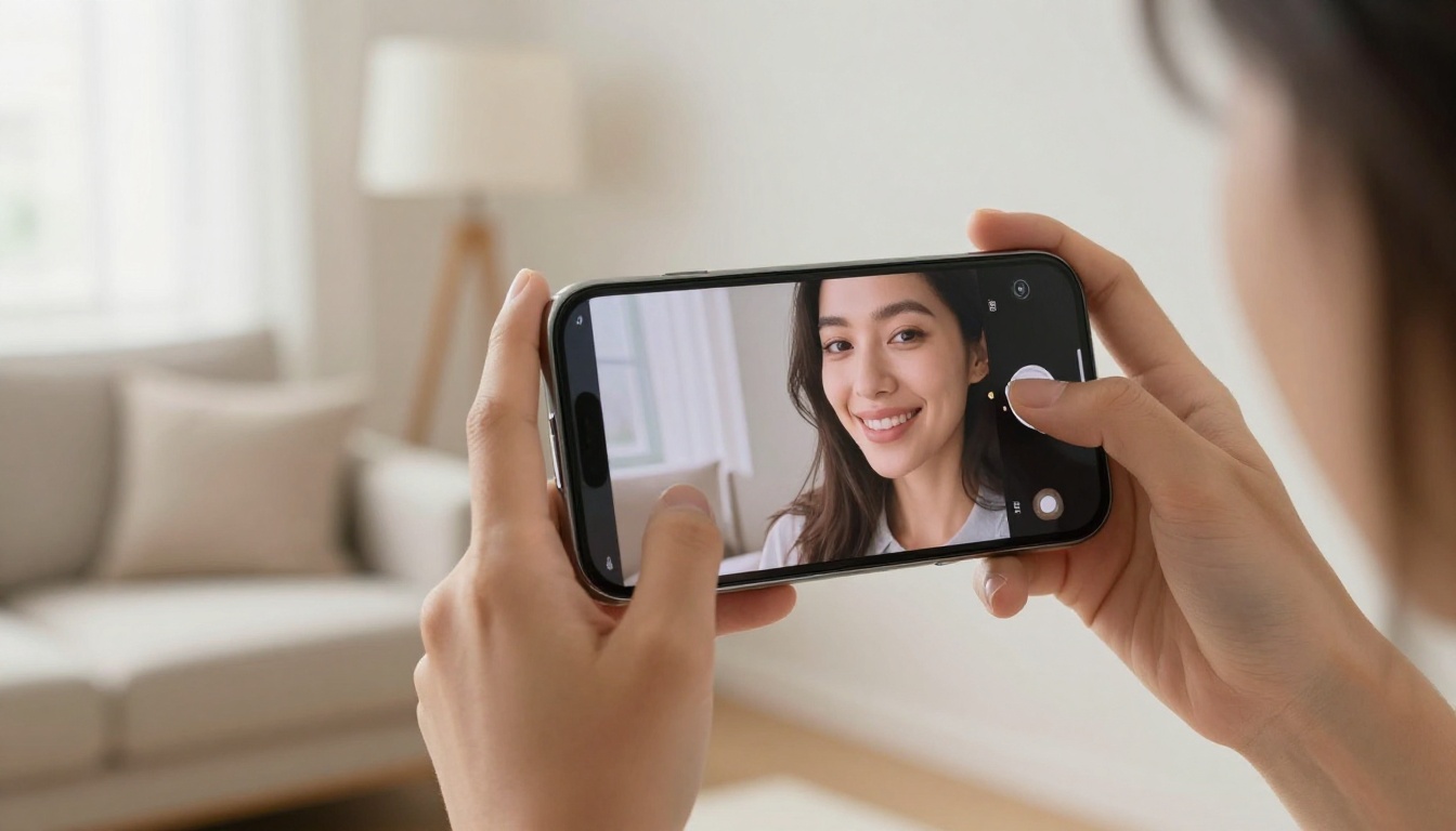 Close-up of a hand holding a smartphone showing a smiling portrait