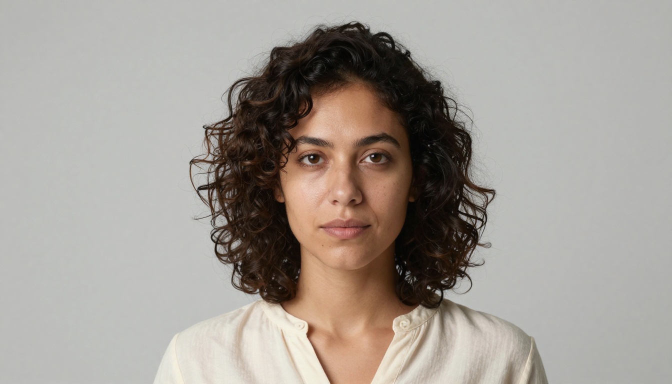 Studio headshot of a woman with dark curly hair under even soft light