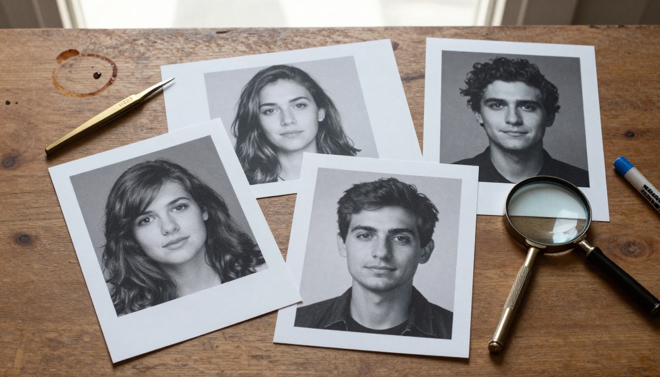 Overhead view of printed portraits on a walnut table, matched by head angle