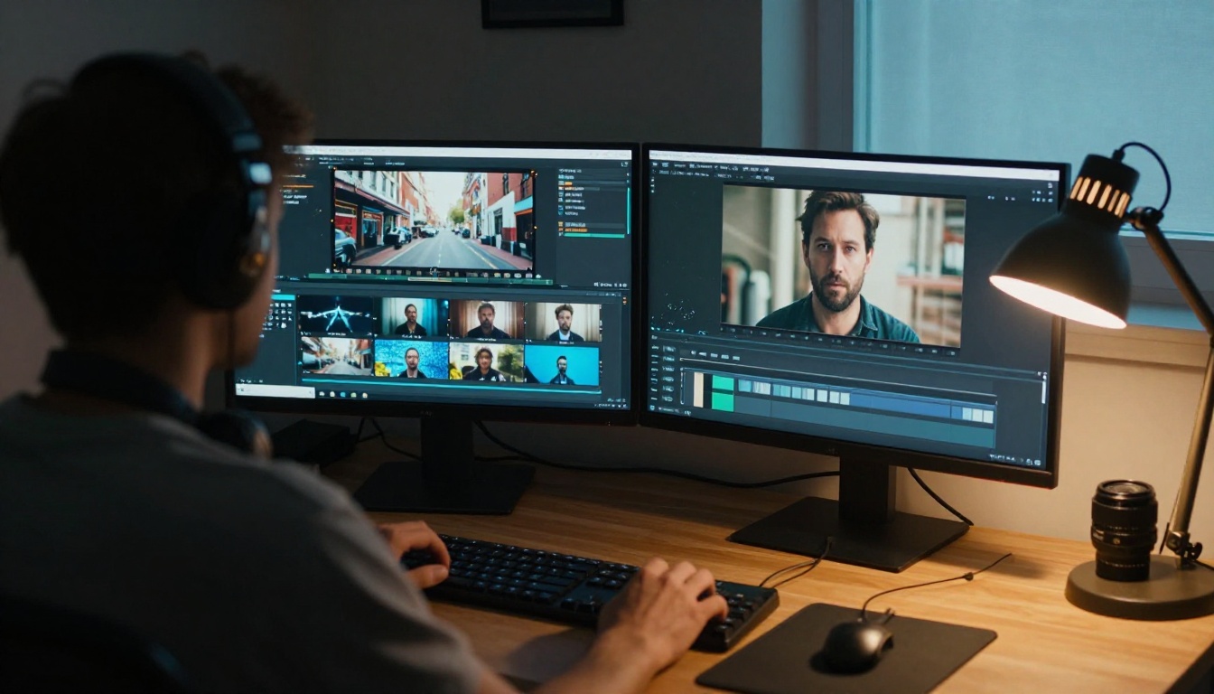 Video editor at a dual-monitor desk with a timeline and a paused frame of a face