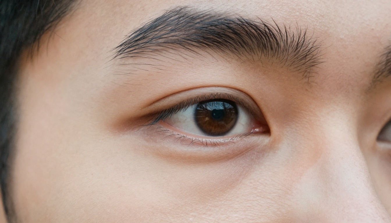 Macro close-up of a man's eye and cheek showing natural pores and stubble