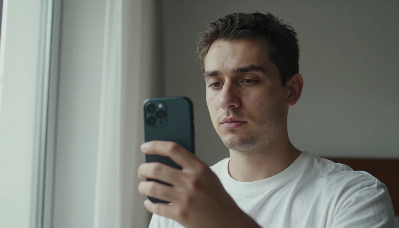 A man in a white shirt taking a smartphone selfie beside a window in soft daylight