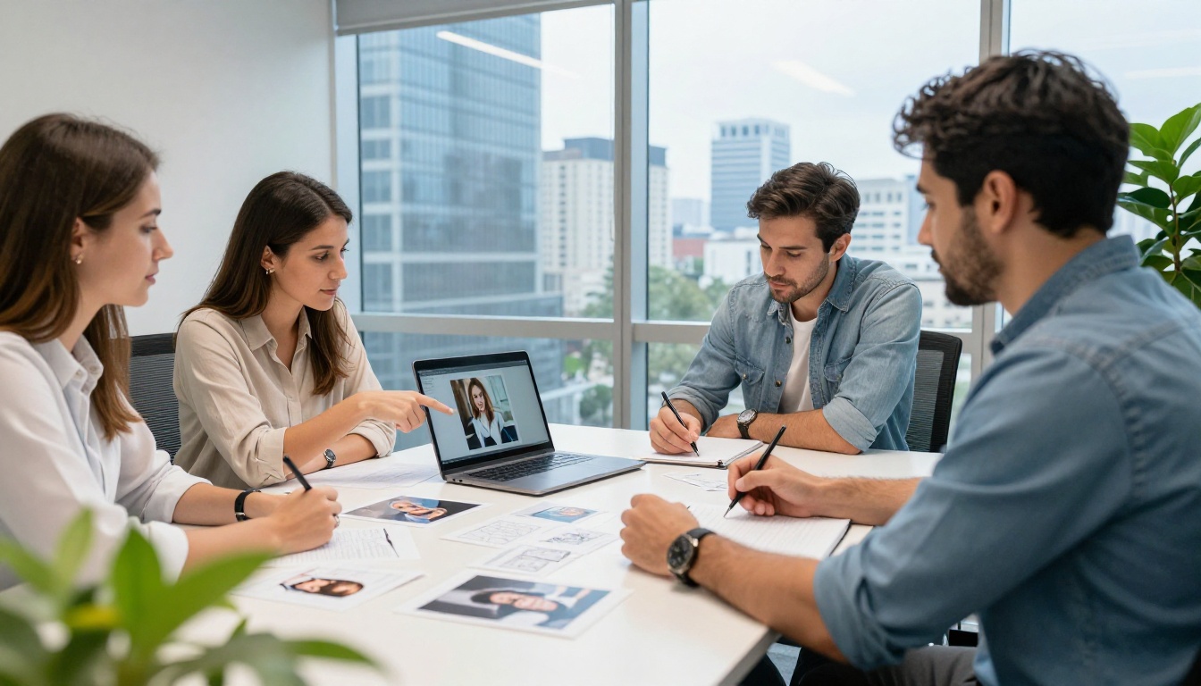 Marketing team reviewing printed portraits and storyboard cards around a table