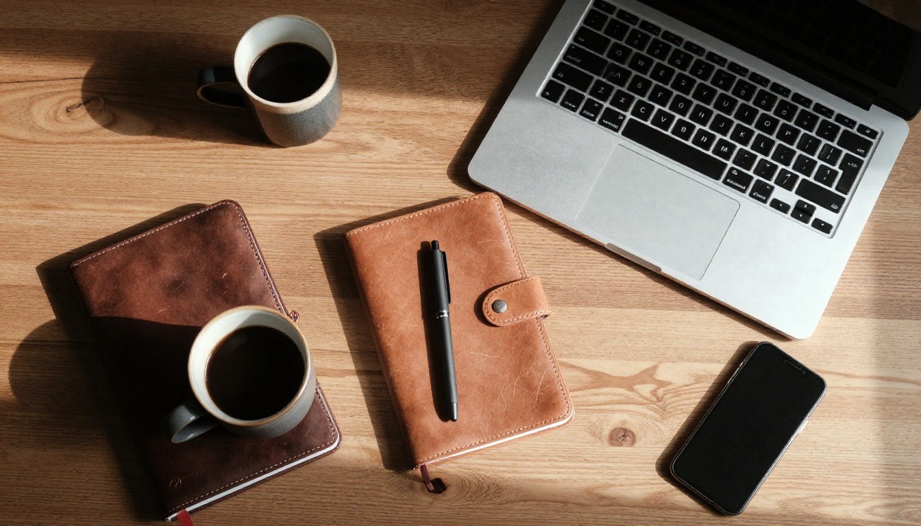 Overhead view of a wooden desk with a laptop, notebook, coffee, and smartphone