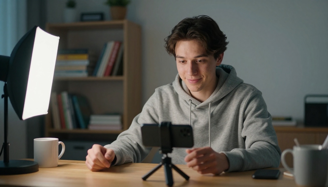 Content creator recording a short vertical video at a home desk with a softbox light
