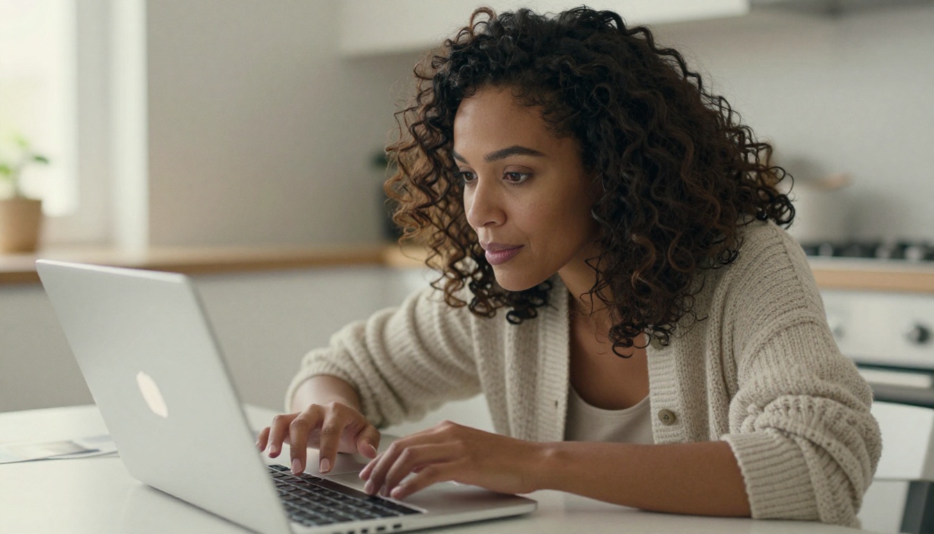 A woman at a kitchen table choosing a photo to upload on her laptop