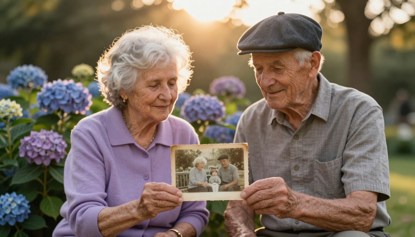 Elderly couple on a garden bench holding an old family photograph