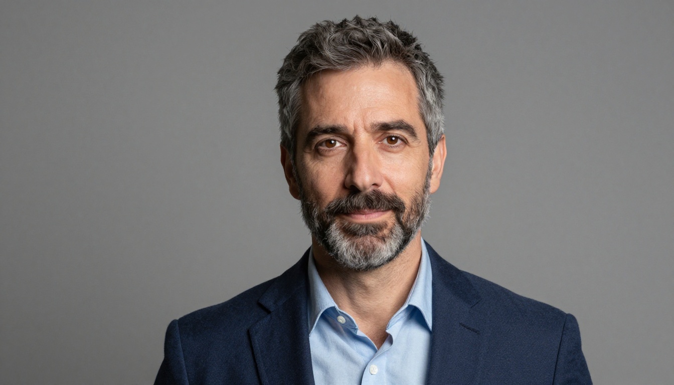 A man in a navy blazer against a neutral gray studio backdrop