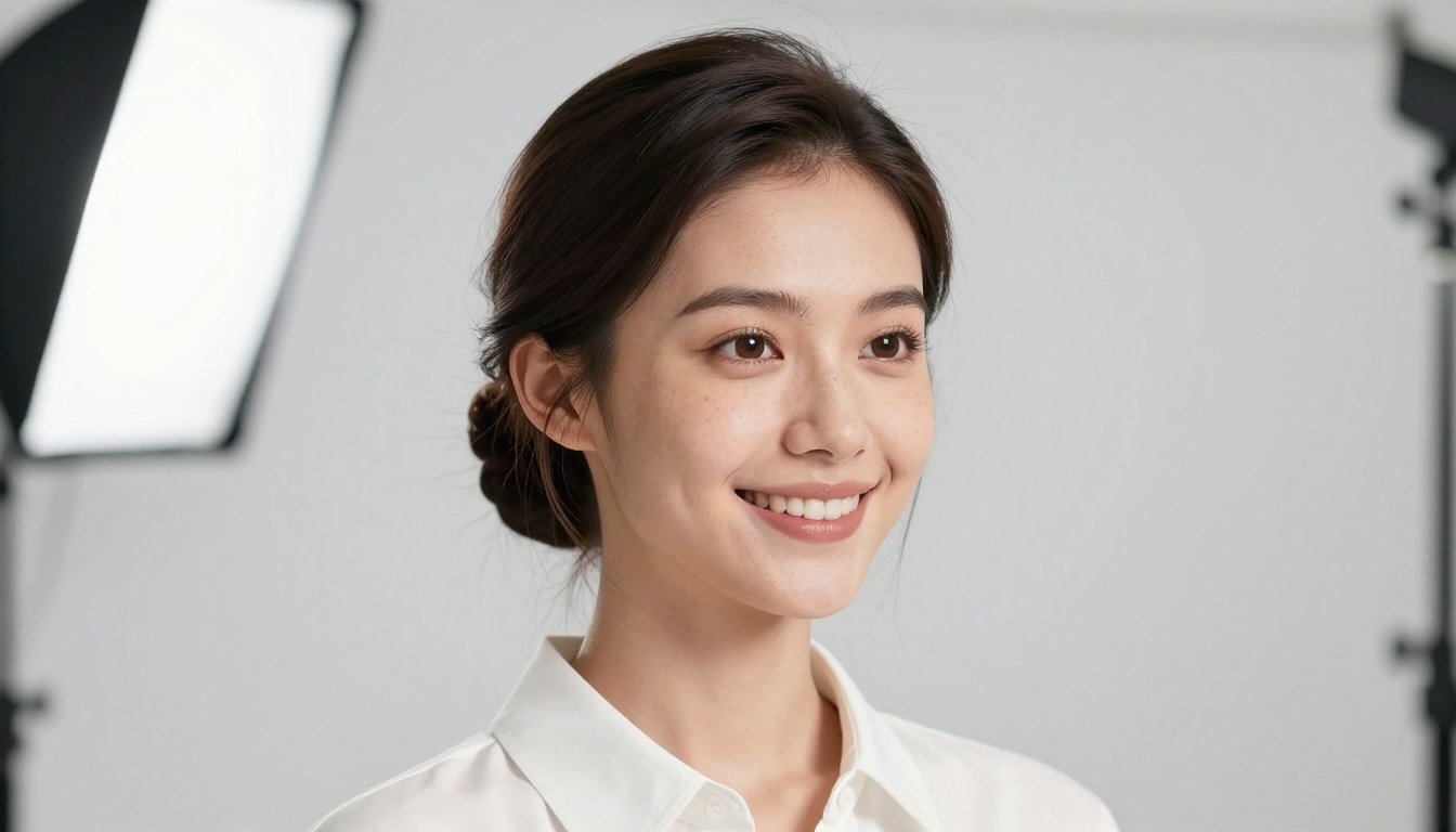 A woman in a white blouse against a pure white studio backdrop