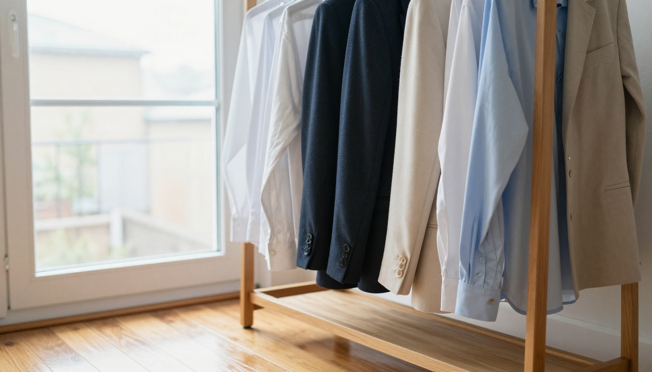 A wooden rack with navy, charcoal, and cream blazers beside white and light blue shirts