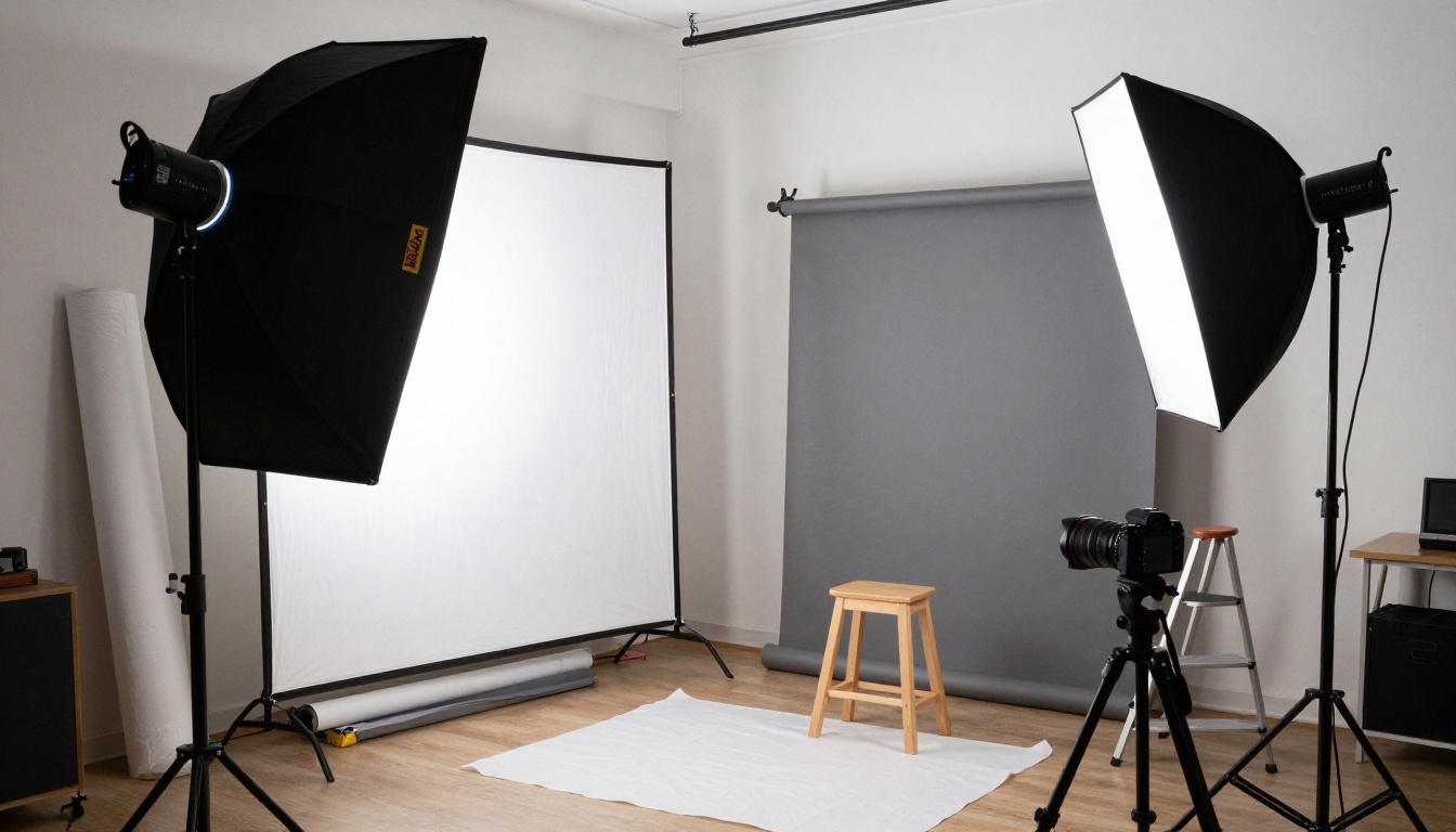 High angle view of a portrait studio with a softbox, reflector, and gray paper backdrop