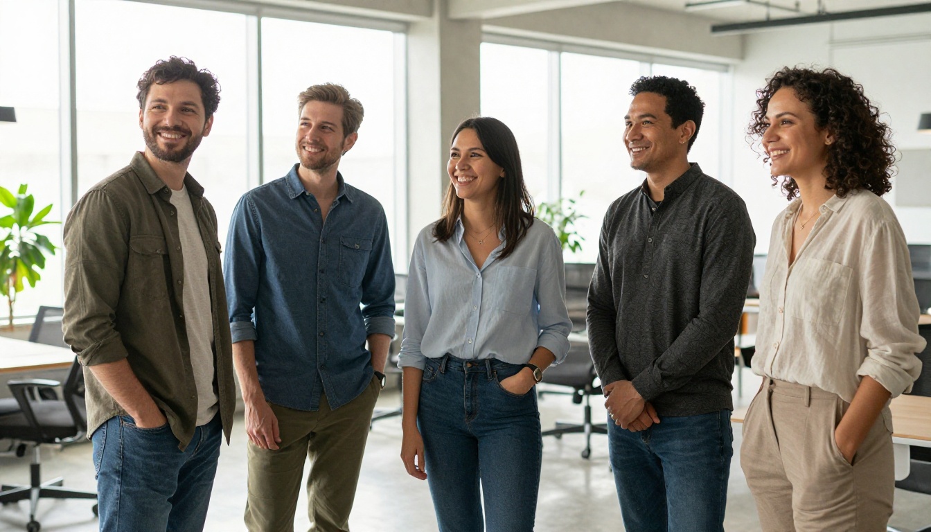Five colleagues standing together in a bright modern office lobby