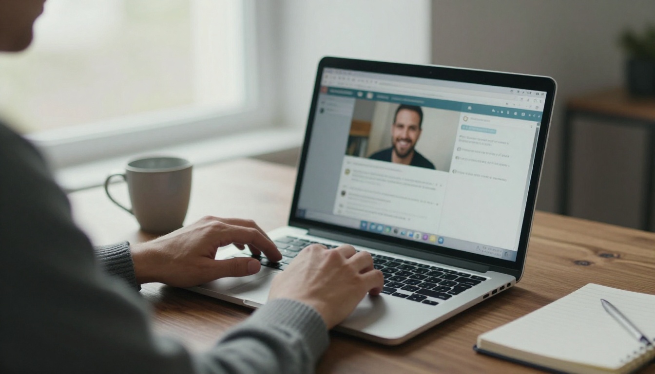 Hands typing on a laptop with a chat window showing a small portrait preview