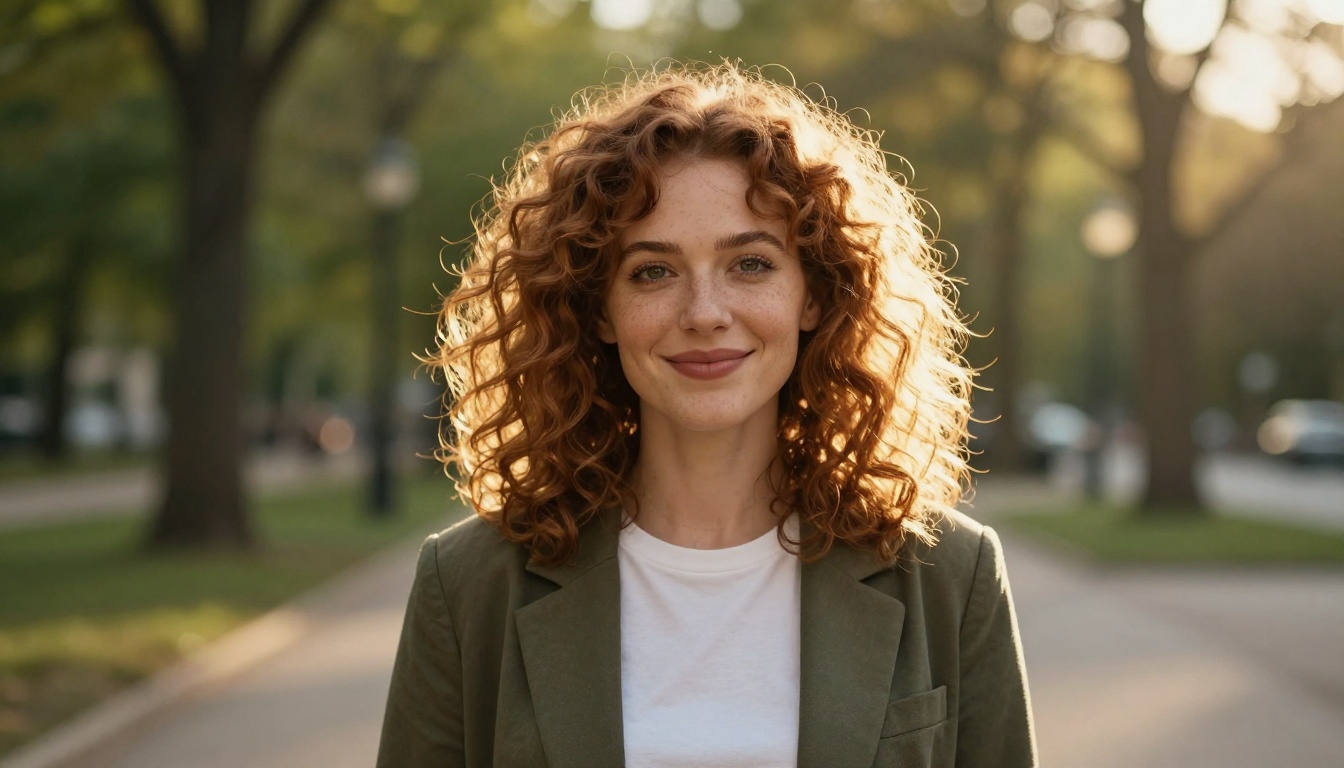 A woman in an olive blazer in a park at golden hour with warm backlight