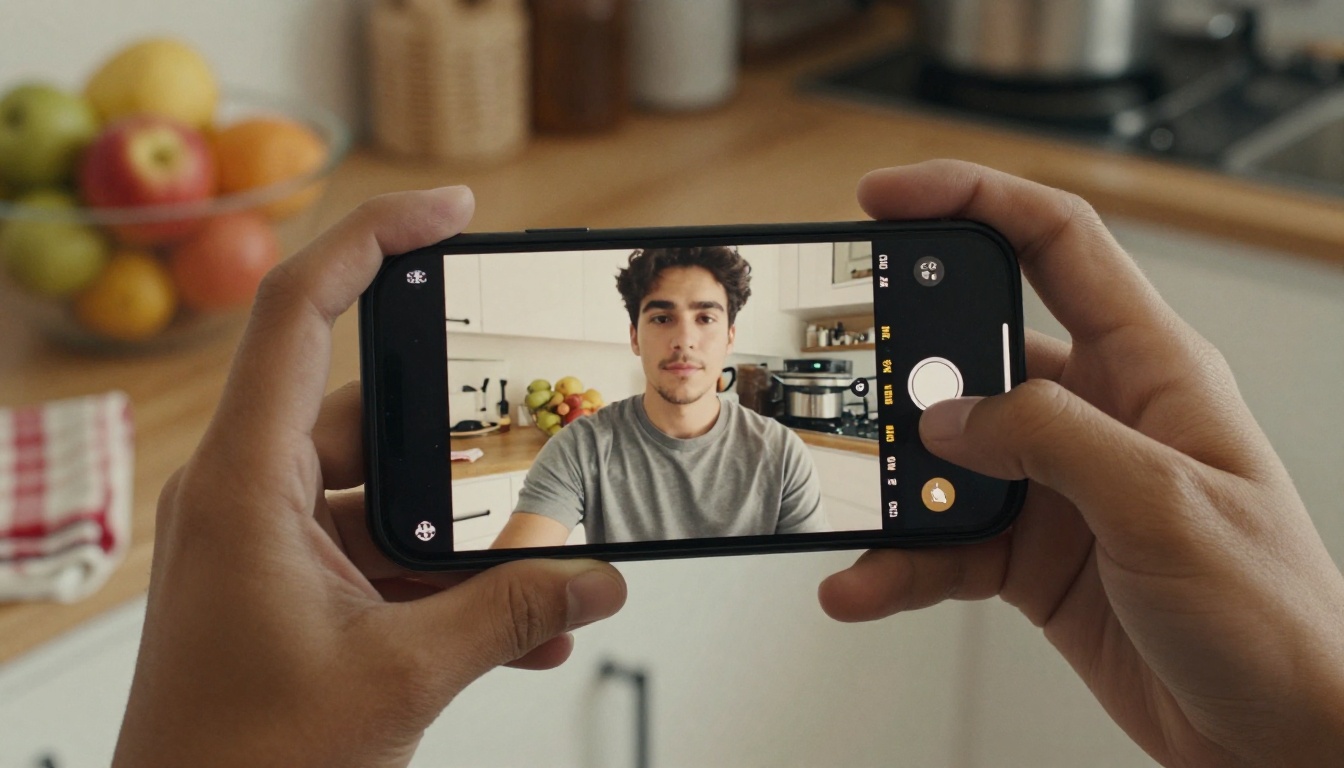 A hand holding a phone showing a casual kitchen selfie before any editing