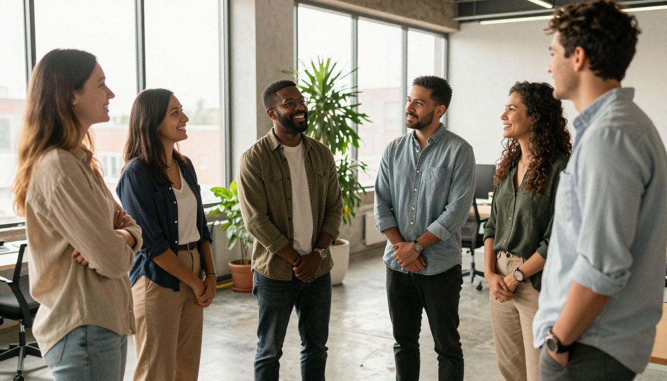 Four colleagues in an open-plan office posing for a relaxed team portrait