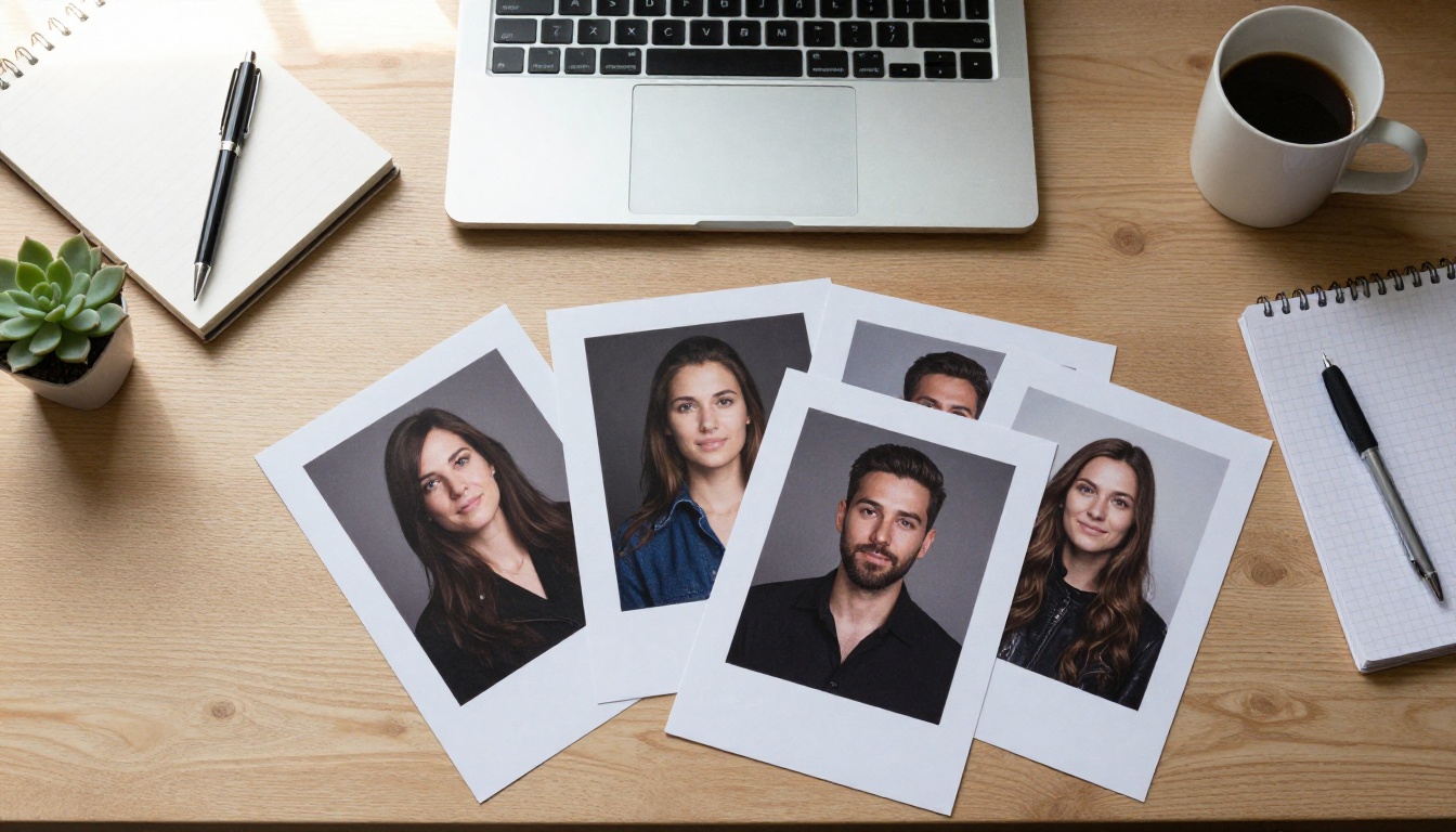 Printed headshot proofs fanned out on a wooden desk next to a notebook and coffee