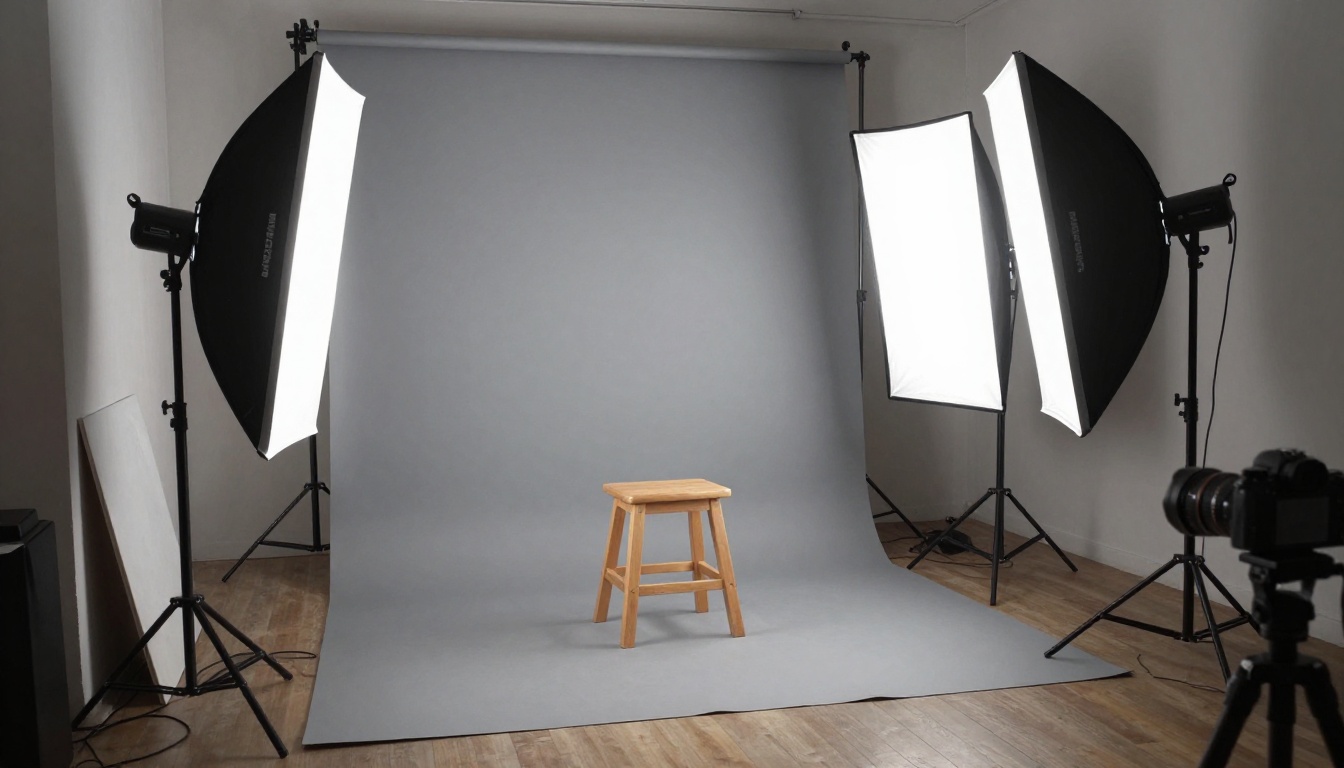 A small photo studio with a stool, two softboxes and a grey paper backdrop