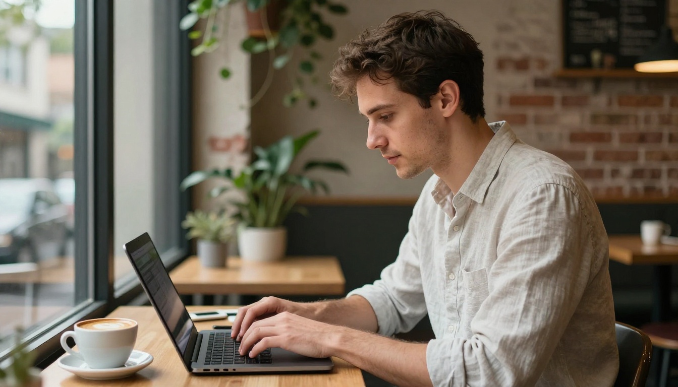 A freelance consultant in a linen shirt typing on a laptop beside a cafe window