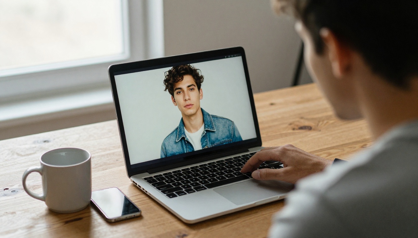 A young man at a desk looking at a sharp AI portrait of himself on a laptop