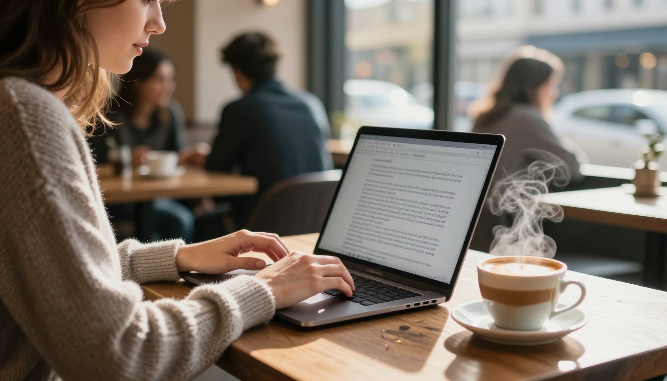 A woman typing a long text prompt on a laptop in a sunny cafe