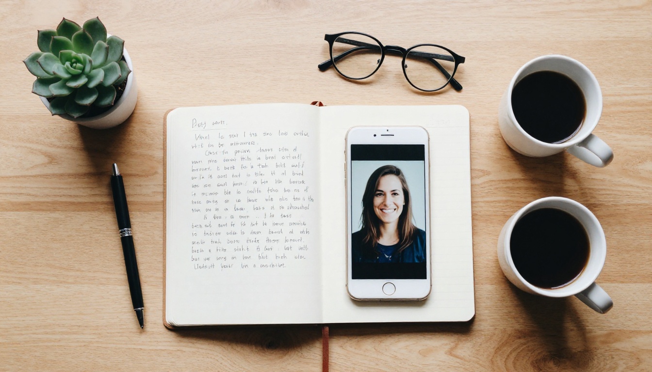 A flat lay with a notebook, a phone showing a smiling portrait, glasses and a coffee on an oak table